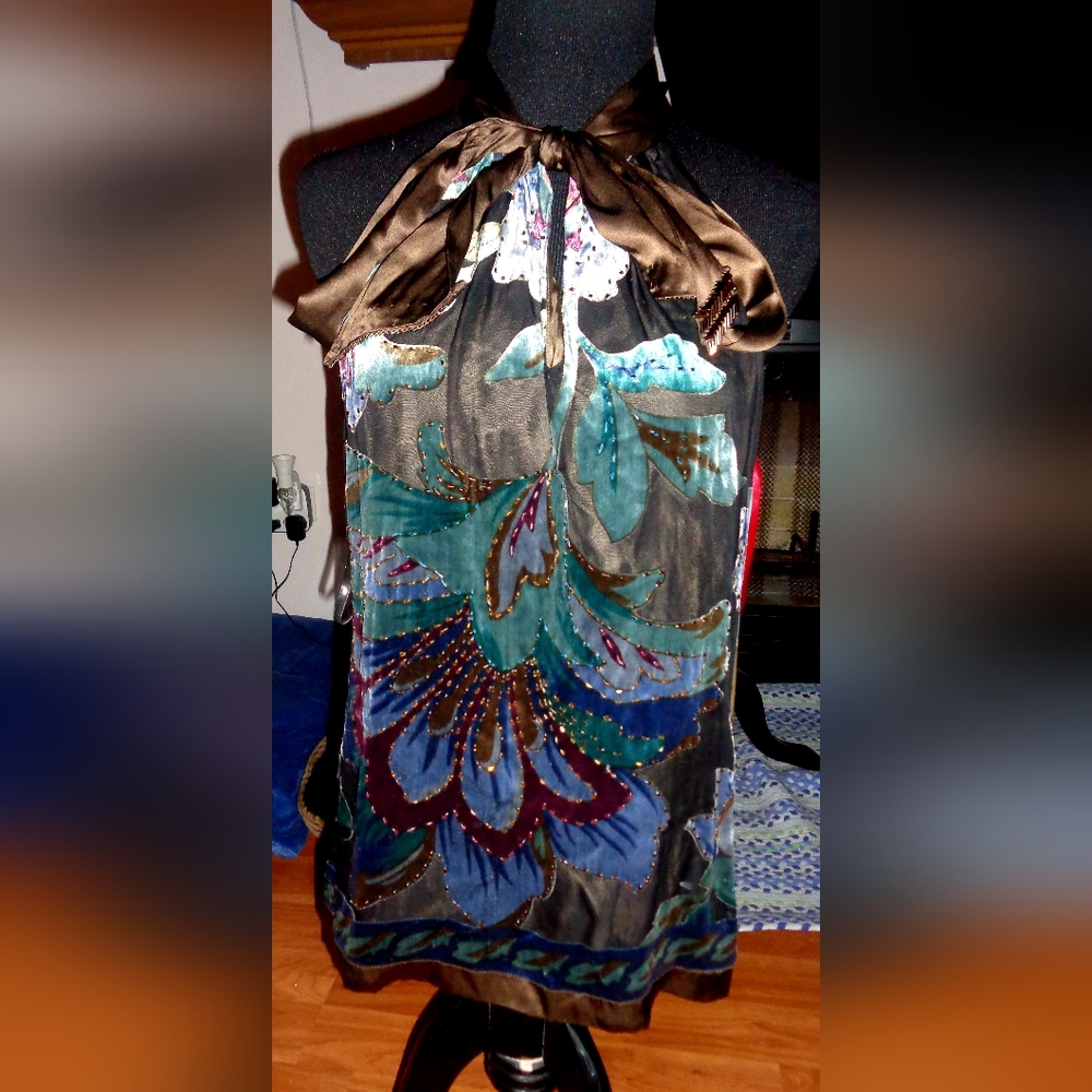 Love Token Muli Color Silk Rayon Cut Out Shoulder W/ Sash Blouse M  NWT
